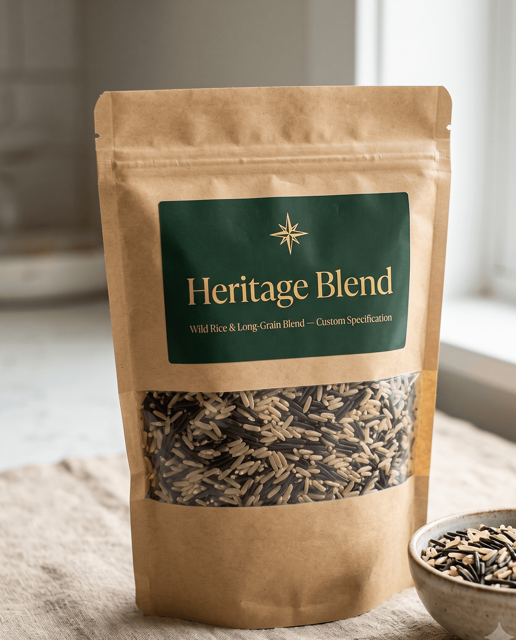 Heritage Blend kraft pouch with grain window on linen background
