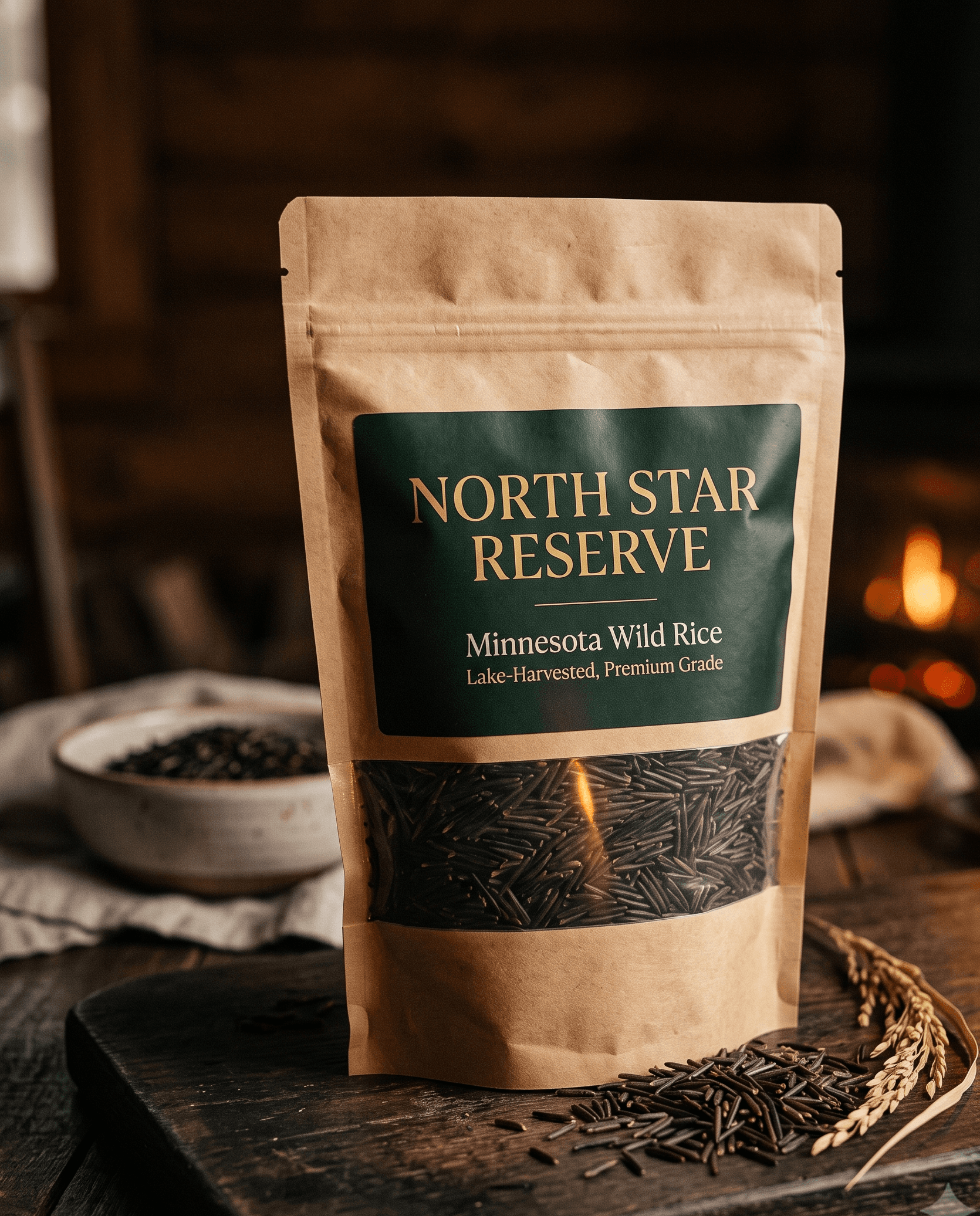 North Star Reserve kraft pouch in a candlelit rustic setting